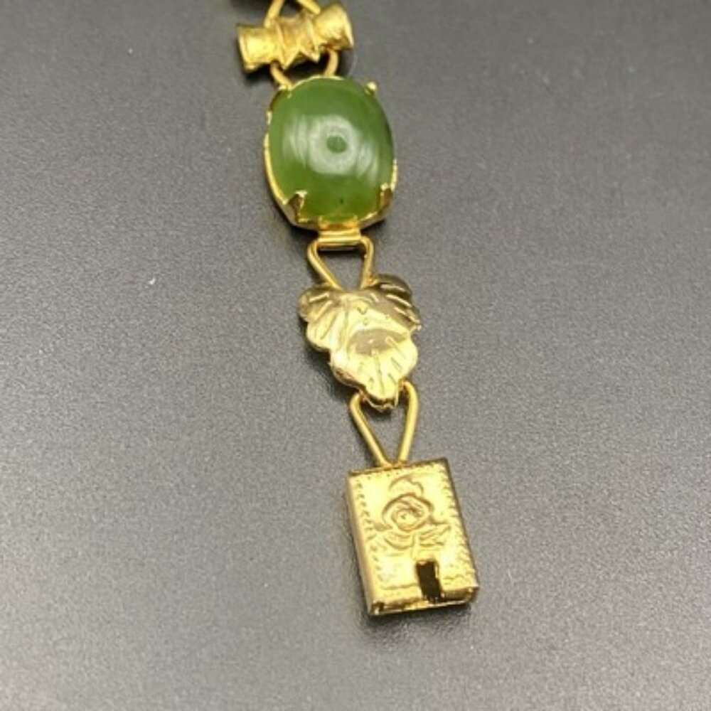 Vtg Green Jadeite Bracelet Gold Plated Bamboo Accent Floral Box Clasp 7" UV Test - Picture 7 of 16